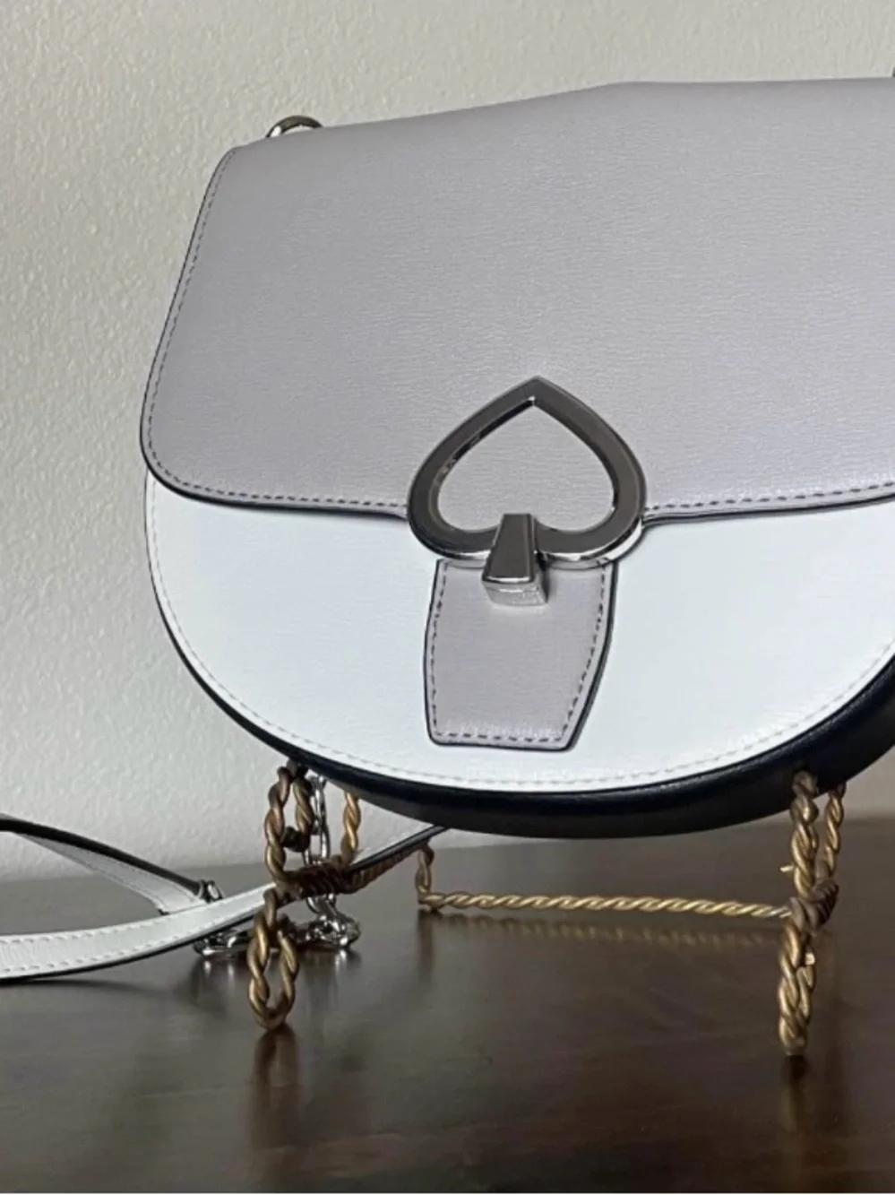 Kate Spade 2-Tone Gray/White Crossbody Chain Saddlebag Purse with Heart Clasp